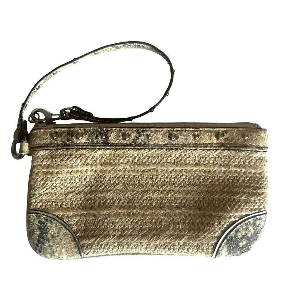 Coach Vintage Rattan Wristlet Studded Python Trim Rare Boho Statement Wallet
